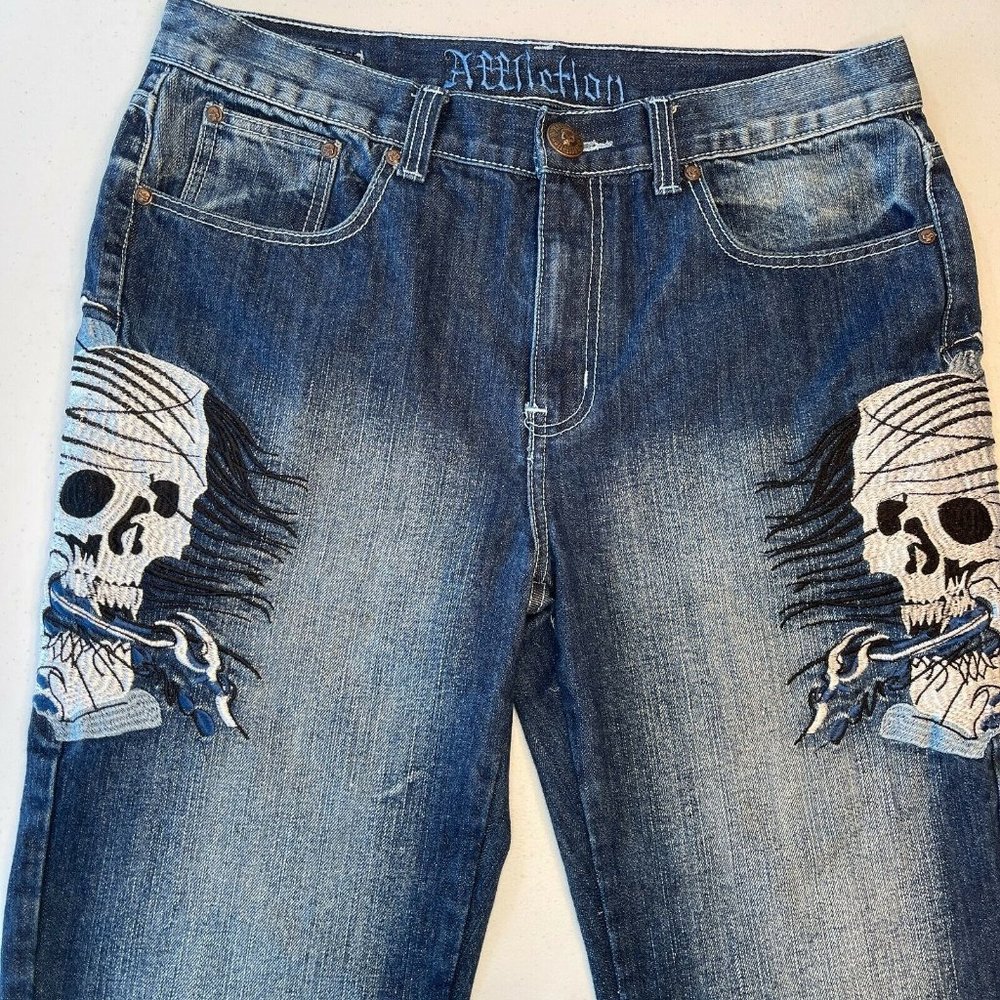Very Rare Authentic Affliction Denim Killer Jeans Skeleton/Reaper Graphics Size